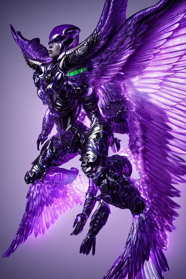 Prompt: a photo of 8k ultra realistic archangel with 6 wings, full body, intricate purple and blue neon armor, ornate, cinematic lighting, trending on artstation, 4k, hyperrealistic, focused, high details, unreal engine 5, cinematic