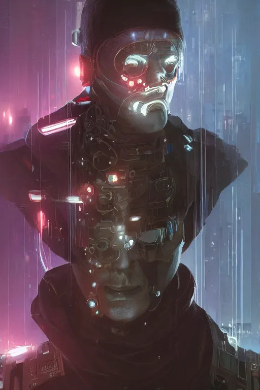 Image similar to cyberpunk man with face tech, dim ambient lighting, dark shadows, highly detailed, 8k, rim lighting, digital painting, artstation , concept art, sharp focus, illustration, art by artgerm and greg rutkowski and alphonse mucha