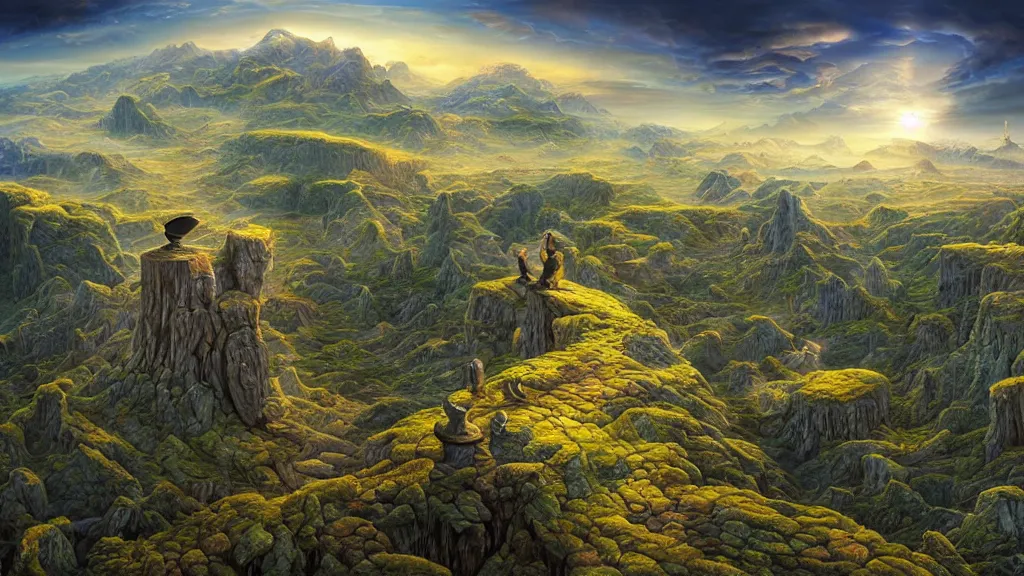 Image similar to fantasy landscape with anthropomorphic terrain in the styles of igor morski, jim warren, and rob gonsalves, intricate, hyperrealistic, volumetric lighting, distinct horizon