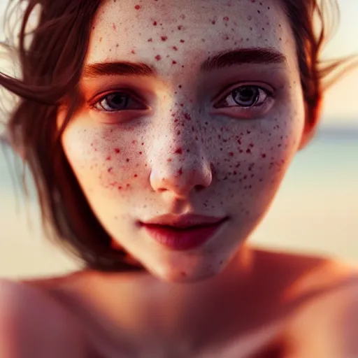 Image similar to beautiful serene intricate portrait of a cute thin young woman, red blush, cute freckles, smug smile, modern clothes, relaxing on the beach, golden hour, close up shot, soft focus, 8 k, art by irakli nadar, hyperrealism, hyperdetailed, ultra realistic