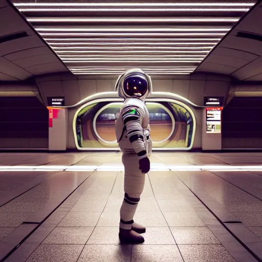 Image similar to a beautiful photo of an astronaut waiting in a subway station, 1970', soft light, morning light, photorealistic, realistic, octane, 8k, cinematic shot