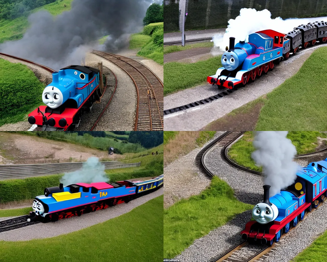 Prompt: Thomas the Tank Engine, drifting around a corner, smoke trailing out the back, on the race track at the Nurburgring Nordschleife setting a hot lap, not train tracks