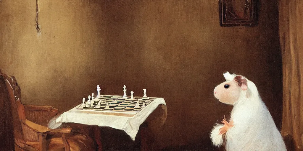 Prompt: a guinea pig playing chess inside a cozy victorian room, realistic oil paint