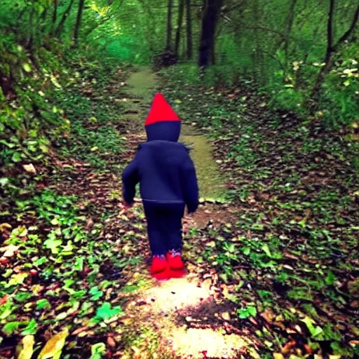 Image similar to bad quality screenshot of a leaked video of a small person dressed as gnome walking through a forest trail, photo taken from far away, night time, bright camera flash, camera shaking, disturbing, very scary, realistic, very disturbing, ultrarealistic, 480p, scary