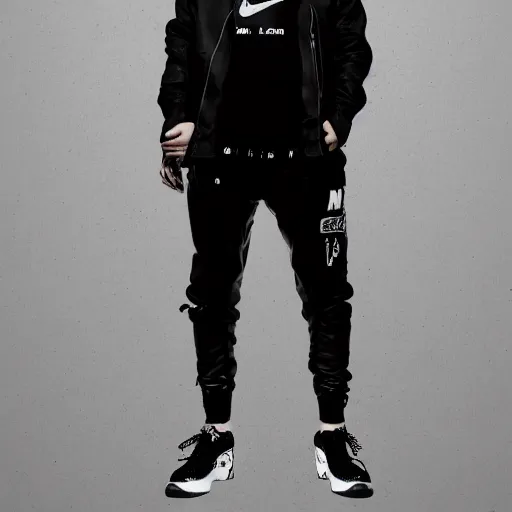 Prompt: rotterdam gabber full body portrait. black jacket with thunderdome logo, nike pants, nike airmax sneakers