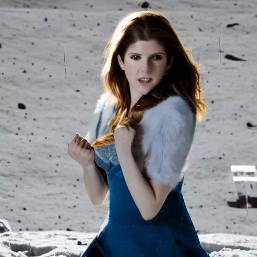 Image similar to hyper detailed, ultra sharp focus photo of anna kendrick on the moon, atmospheric lighting, 8 k, dslr, 8 5 mm f / 1. 8 by sam shaw