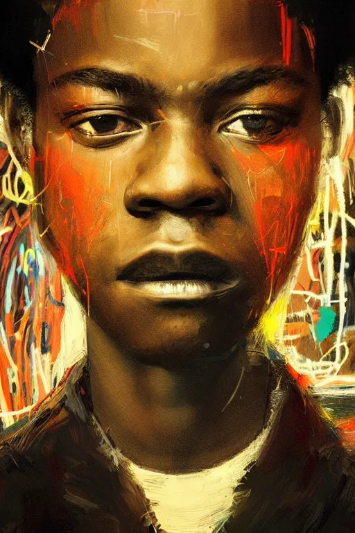 Prompt: portrait of jean basquiat, staring directly into camera, intricate, elegant, glowing lights, highly detailed, digital painting, artstation, sharp focus, illustration, art by wlop, mars ravelo and greg rutkowski