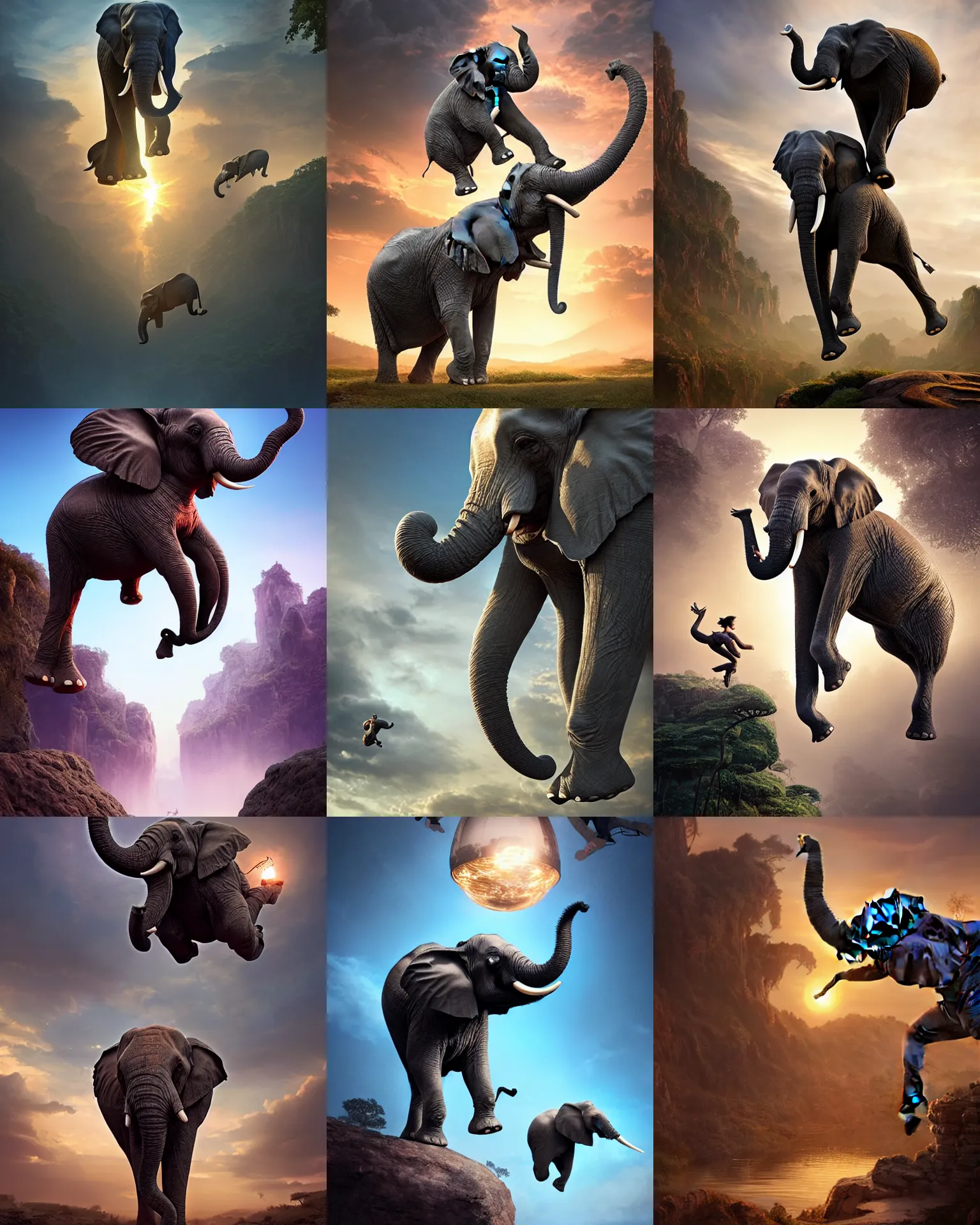 Prompt: elephant jumping in the air, fantasy, intricate, epic lighting, cinematic composition, hyper realistic, 8 k resolution, unreal engine 5, by artgerm, tooth wu, dan mumford, beeple, wlop, rossdraws, james jean, marc simonetti, artstation