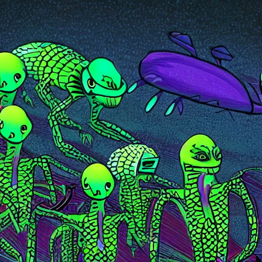 Prompt: illustration of a race of reptilian - esque aliens, in neon colors. the aliens have large antenna - like protrusions from their head.