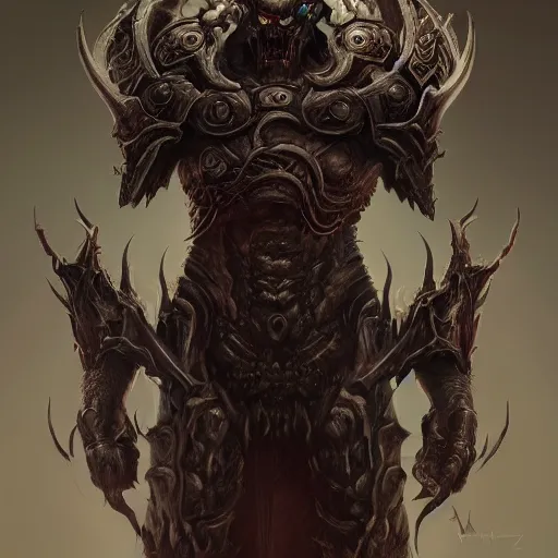 Image similar to Dark Lord from doom eternal, au naturel, hyper detailed, digital art, trending in artstation, cinematic lighting, studio quality, smooth render, unreal engine 5 rendered, octane rendered, art style by klimt and nixeu and ian sprigger and wlop and krenz cushart