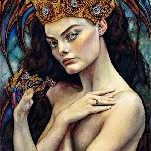 Image similar to weeping Margot Robbie wearing the bone crown, by Annie Swynnerton and Diego Rivera and Evelyn De Morgan, symbolist, dramatic lighting, elaborate geometric ornament, Art Brut ,god rays, soft cool colors,smooth, sharp focus, extremely detailed, Adolf Wölfli