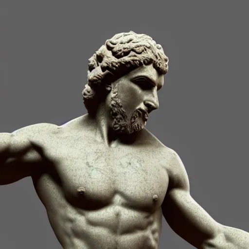 Prompt: 3 d render ofancient greek god sculptures made of granite holding bitcoin