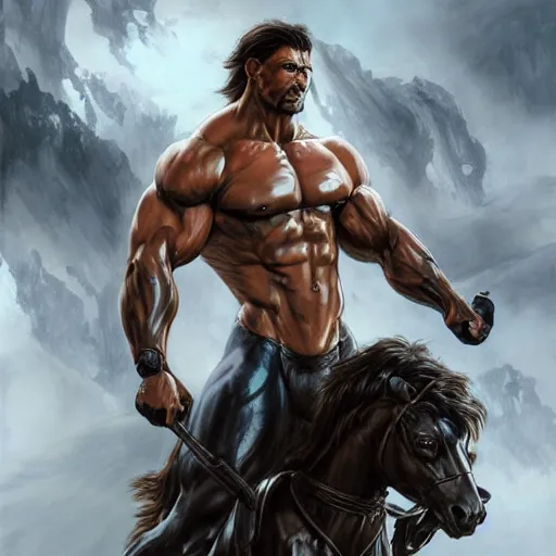 Image similar to splash art of a huge muscular black - coated anthropomorphic horse character with long white hair wearing tactical kevlar fabric, exaggerated muscle physique, highly detailed, furry, furaffinity, digital painting, artstation, sharp focus, illustration, weta digital, art by artgerm, greg rutkowski, alphonse mucha