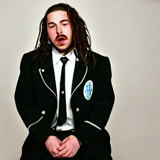 Image similar to a film still of Post Malone starring as Dewey Finn in School Of Rock (2003)