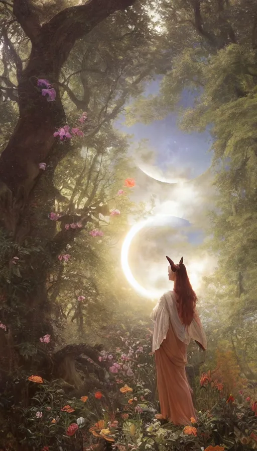 Image similar to A mythical alicorn viewing at a solar eclipse from a primordial forest. Highly detailed, digital painting, artstation, concept art, sharp focus, illustration, art by Jan Brueghel the Elder, greg rutkowski and alphonse mucha.