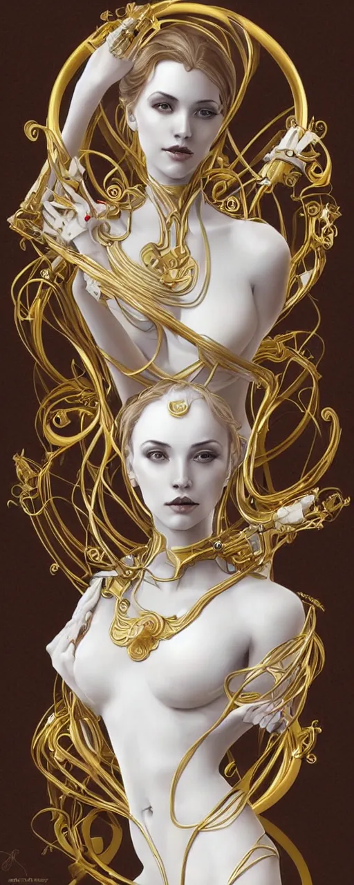 Prompt: beauty art nouveau woman, White marble and gold robotic, trending on artstation, by Artgerm