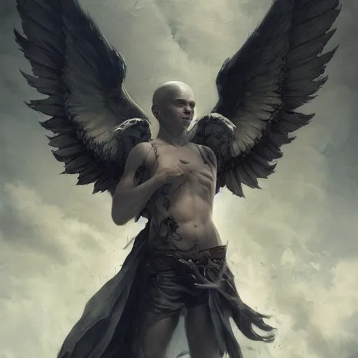 Image similar to very attractive androgynous fallen angel with shaved head on one side and with tattoos on his body falling through the sky battling superior angels, beautiful, hd, high detailed, 4 k, art by da vinci, art by greg rutkowski