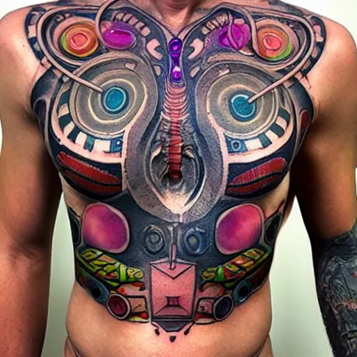 Image similar to chest tattoo of a 3 d hole in the skin with a shiny multicolored metallic gears and tubes robotic mechanics inside under the skin, insanely integrate,