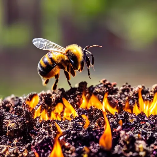 Prompt: a bee landing on a burning flower, the forest is on fire, there is fire everywhere, beautiful macro photography, perfect focus, nice composition