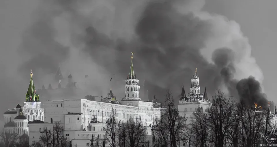 Prompt: Moscow Kremlin is on fire, dark atmosphere, lots of fire, clubs of smoke. Photography.