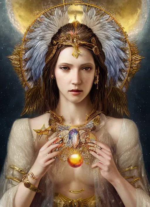 Image similar to A beautiful digital painting of a female Seraphim full of jewels, princess, the moon behind her, intricate, cinematic lighting, highly detailed, digital painting, Artstation, concept art, smooth, sharp focus, illustration, art by Tom Bagshaw, Artgerm and Greg Rutkowski