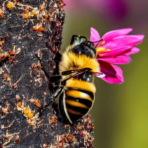 Image similar to a bee landing on a burning flower, the forest is on fire, there is fire everywhere, beautiful macro photography, perfect focus, nice composition