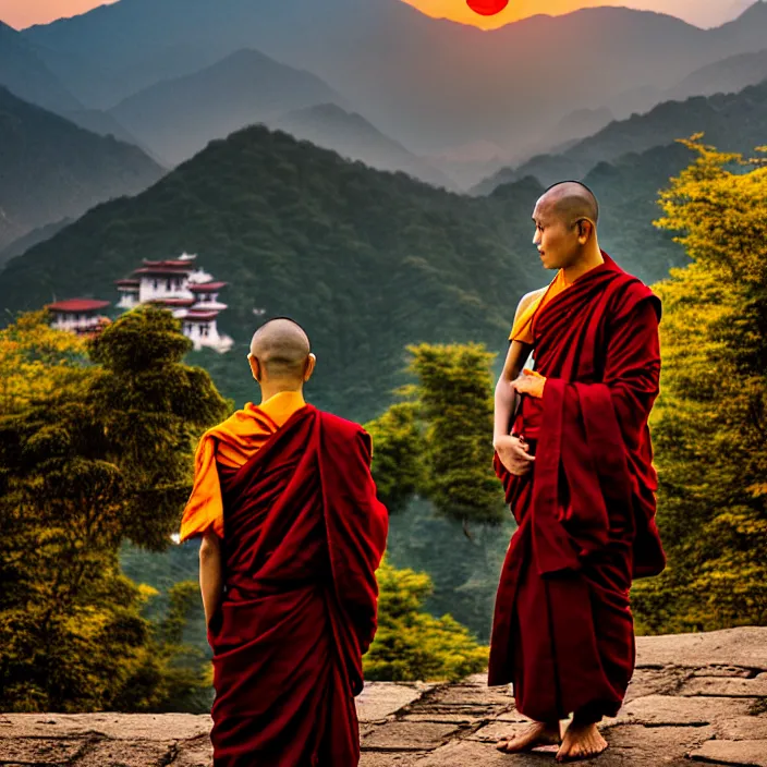 Image similar to fashion editorial of buddhist monk in nepal temple, monastery, portrait, moutain, landscape, sunset, photography, very beautiful, highly detailed, intricate