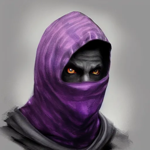 Image similar to ultra realistic illustration, man in a black hood, in a striped purple balaclava, mysterious, highly detailed, digital painting, artstation, concept art, smooth, sharp focus, illustration