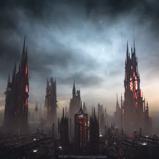 Prompt: octane render of a gothic city with an overcast sky, tall spires, steampunk, cyberpunk, high - definition, alienating, imposing, imperious, malevolent, moody, landscape, distant, vast, cityscape, skyline, neon, glowing, flying vehicles, long shot, timelapse, 4 0 k, warhammer 4 0 0 0 0, zdzisław beksinski