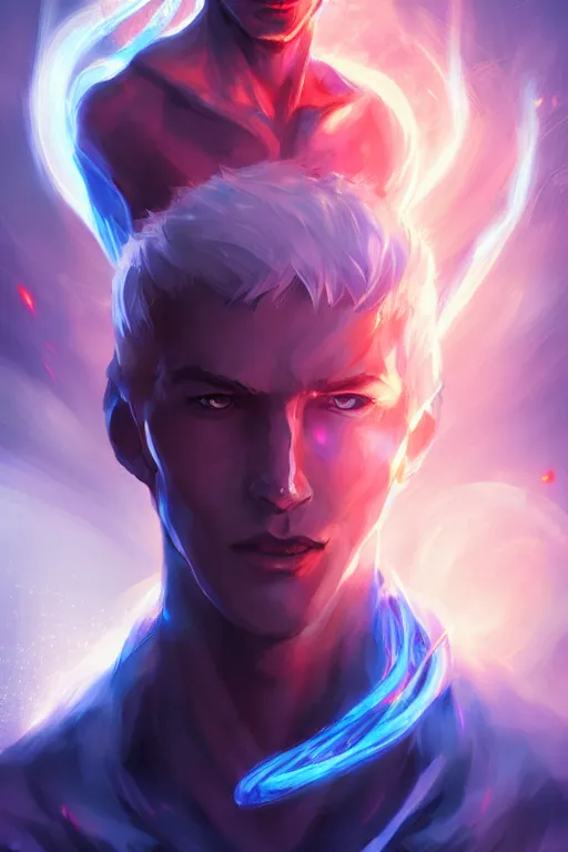 Image similar to a human elemental sorcerer, blurred environment background, blue and red magic effects, white skin, portrait, male, sharp focus, digital art, concept art, dynamic lighting, by emylie boivin and rossdraws