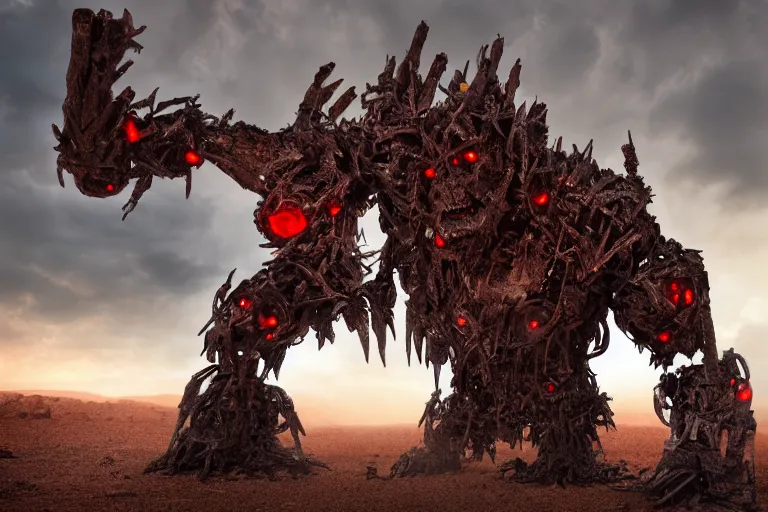 Image similar to a gigantic angry monster made of scrap metal with red eyes, standing in the desert, looking at camera, realism, photo realistic, high quality, misty, hazy, ambient lighting, cinematic lighting, studio quality,