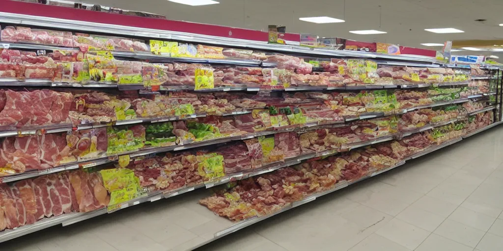 Image similar to inside a supermarket, fridges with ham