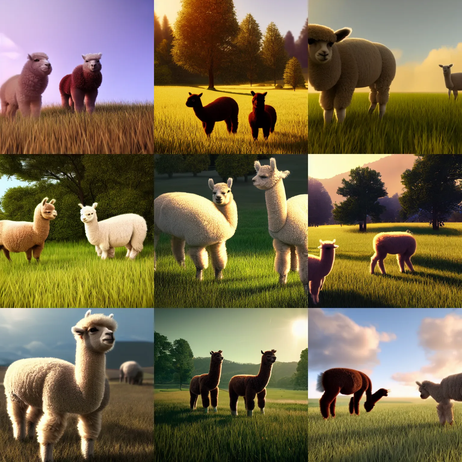 Prompt: two alpacas on a peaceful meadow, volumetric light, unreal engine