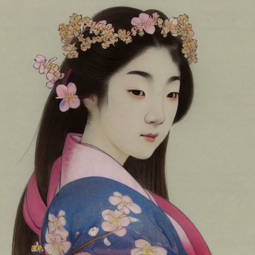 Prompt: side portrait of a young japanese woman wearing a kimono, cherry blossom crown, long hair, hair down, headshot, hyper realistic, pale skin, 4k, rule of thirds, extreme detail, detailed drawing, trending artstation, hd, fantasy, D&D, realistic lighting, by Alphonse Mucha, Greg Rutkowski, sharp focus, backlit, elegant
