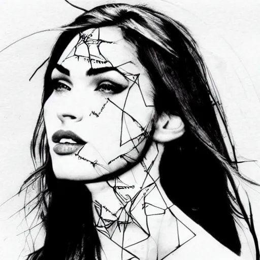 Image similar to double - exposure tattoo sketch of megan fox blended in beautiful mountains, in the style of dan mountford