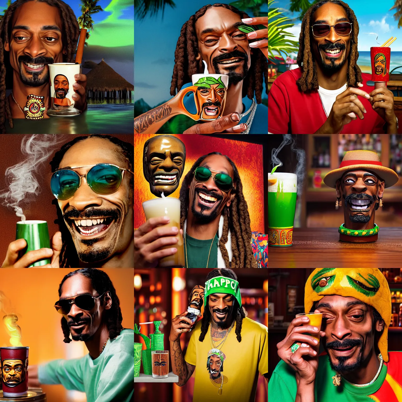 Prompt: a closeup photorealistic photograph of happy blunt smoking snoop dogg at trader vic's bar holding up a trader vic's style tiki mug featuring snoop dogg's face. tiki culture. bright scene. 4 k hd image that's trending on artstation, featured on behance, well rendered, extra crisp, features epic composition and the style of unreal engine.