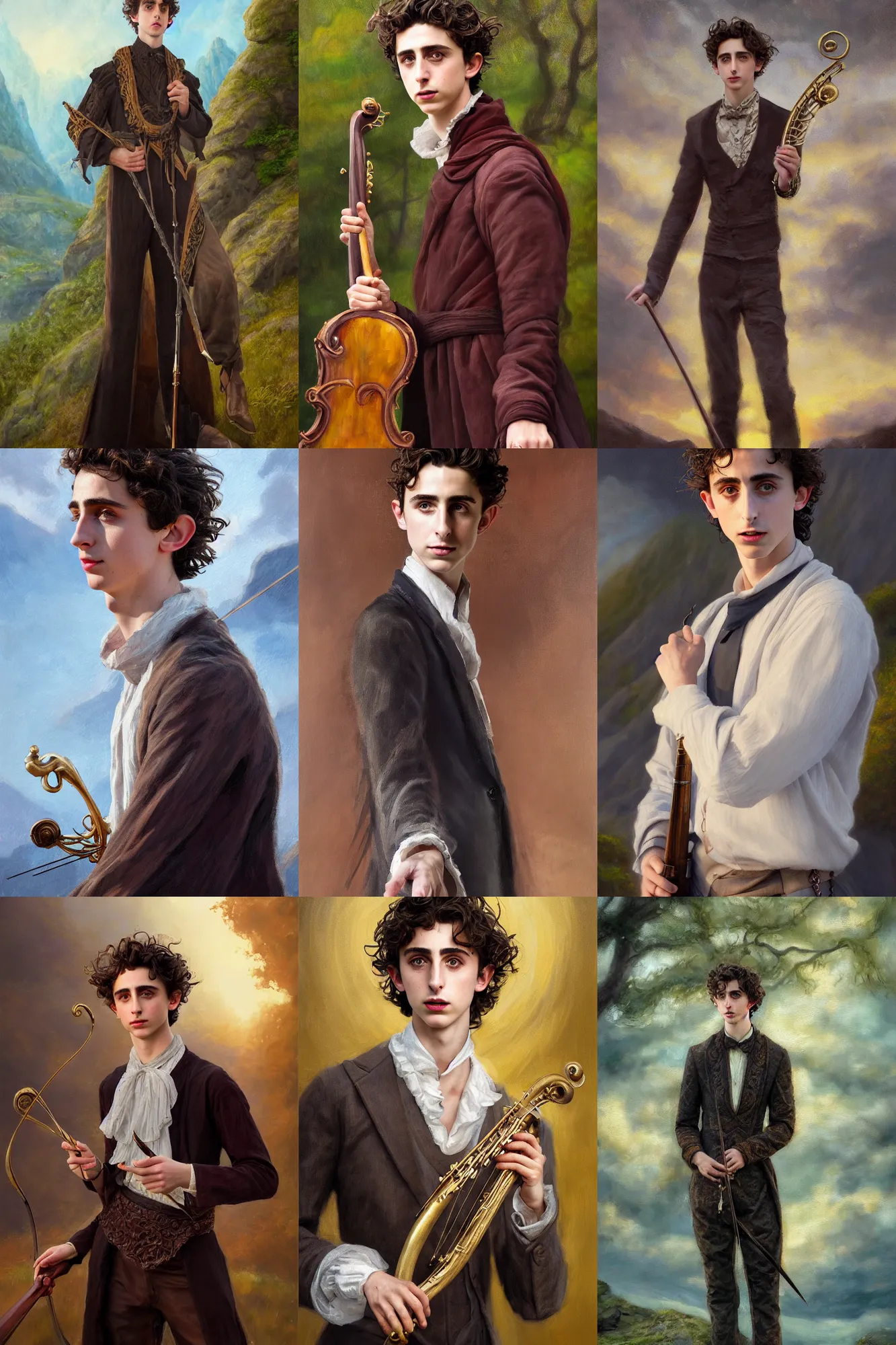 Prompt: a full body high detail fantasy portrait oil painting illustration of timothee chalamet as an elegant male bard by justin sweet with face and body clearly visible, in a scenic background, visible pupils, realistic proportions, d & d, rpg, forgotten realms, artstation trending, high quality, sombre mood, artstation trending, muted colours, entire person visible!