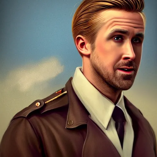 Image similar to Ryan Gosling Cinematic, a character study of the epic handsome male character wearing Pilot Uniform. character half body portrait, by,jc leyendecker, Ross Tran and WLOP, ARTSTATION, cgsociety, polycount, character design