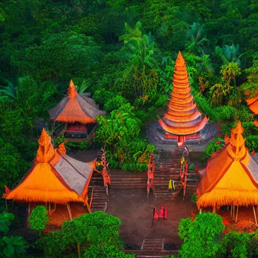 Image similar to aerial hd photograph at sunset of indonesian tribe in jungle with glowing temple