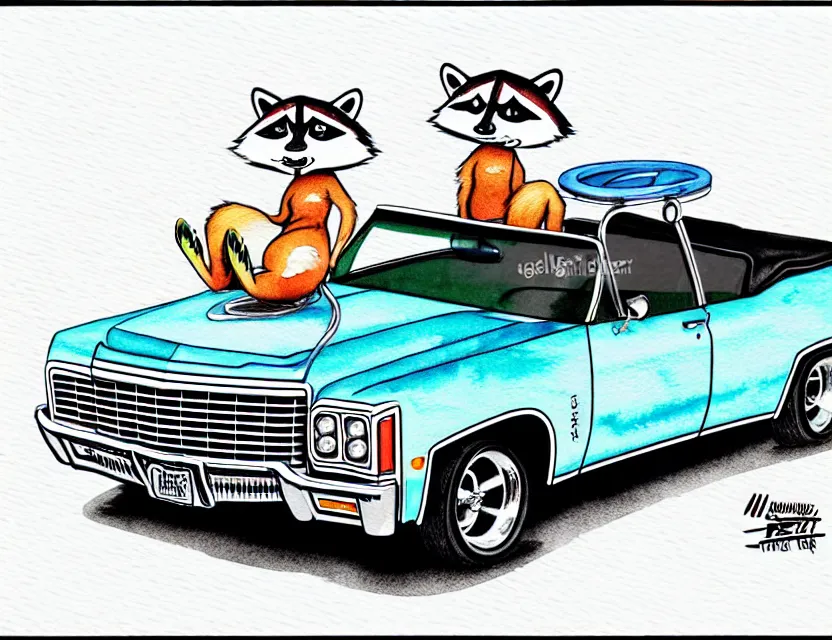 Image similar to cute and funny, racoon riding in a 1 9 6 9 chevy impala drop top with hydraulics, ratfink style by ed roth, centered award winning watercolor pen illustration, isometric illustration by chihiro iwasaki, edited by range murata, tiny details by artgerm and watercolor girl, symmetrically isometrically centered