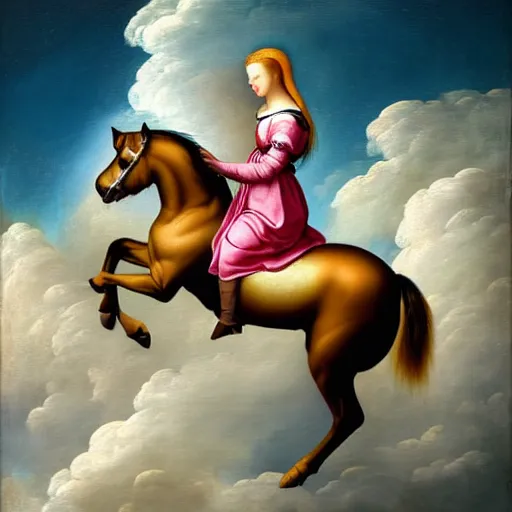 Prompt: a pony riding on clouds painted in the style of renaissance paintings
