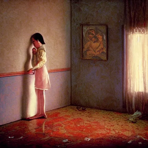 Prompt: an ivory girl in an soviet golden liminal abandoned room, film still by wes anderson, depicted by balthus, limited color palette, very intricate, art nouveau, highly detailed, lights by hopper, soft pastel colors