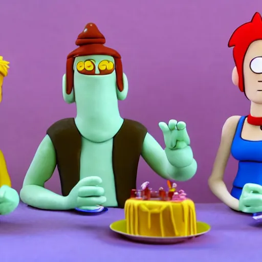 Image similar to fry, bender and leela from futurama eating cake, claymation, cinematic, 8 k