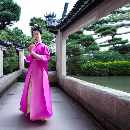 Prompt: A wide angle shot from below of liu yifei dress hanfu with an athletic femining body walking with graceful towards camera on classical chinese garden in an courtyard,Tsuyoshi Nagano art