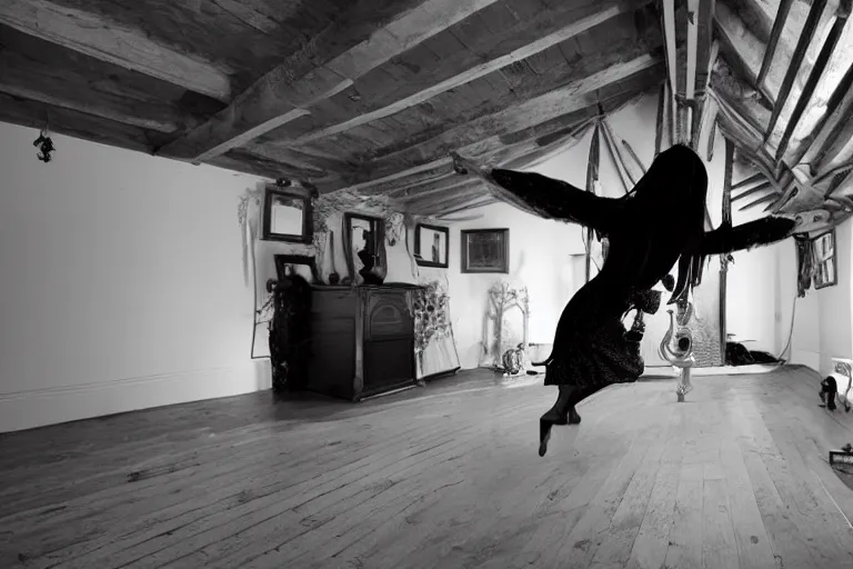 Prompt: levitating goth woman in the attic, demonic magic ritual by Emmanuel Lubezki