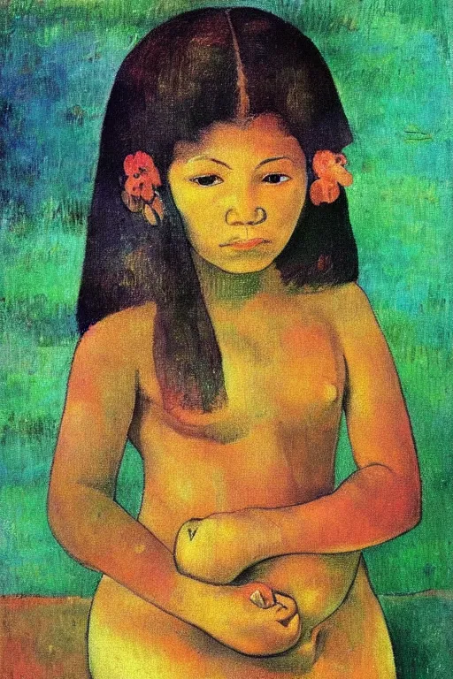 Prompt: “ cute mango girl portrait drawn by paul gauguin ”