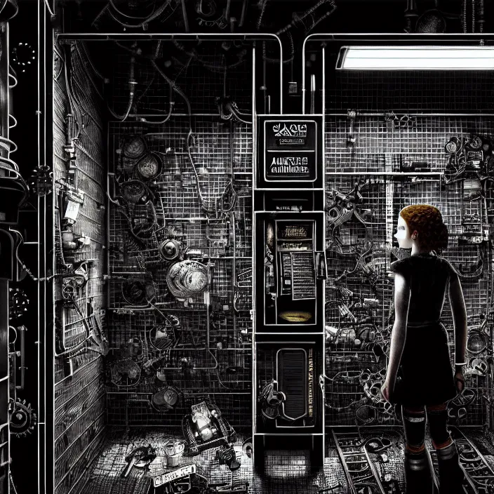 Prompt: sadie sink as a miner inside a minimalist steampunk automated kiosk room considers food options to choose from. black tiles on walls, bright foods displayed on a wall. wide angle lens. black and white, pencil and ink. scifi cyberpunk. by gabriel hardman, joe alves, chris bonura. cinematic atmosphere, detailed and intricate, perfect anatomy