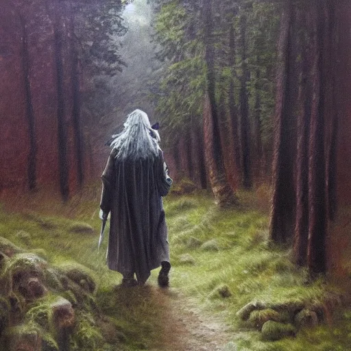 Image similar to Gandalf travelling trough the forest, oil painting