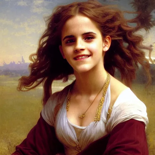 Image similar to Painting of Emma Watson as Hermione Granger. Wearing a golden H necklace. Smiling. Happy. Cheerful. Art by william adolphe bouguereau. During golden hour. Extremely detailed. Beautiful. 4K. Award winning.