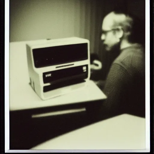 Image similar to Detailed polaroid photograph of a guy sitting at his 80s computer late at night in a dark room with only the screen lighting up the room